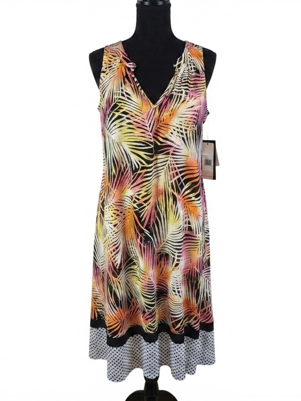 Ellen Tracy Black Palm-Print Midi Dress with Pink, Orange & Yellow Accents